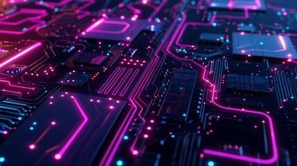 Black Purple Pink abstract background with digital glowing lights and circuit board elements on a dark blue background, high quality 3D rendered illustration of an abstract futuristic technology