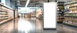 © Zography - A clean, blank advertising display stands prominently in a bright supermarket aisle, ready for branding.