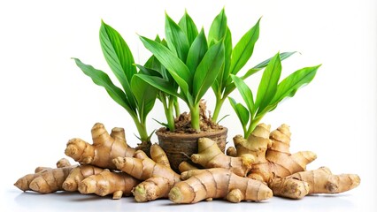 Ginger plant with green leaves isolated on background, ginger, plant, herb, spice, tropical, culinary, ingredient, healthy, natural, organic, fresh, root, isolated,background, decorative
