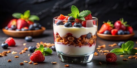 Wall Mural - Gourmet yogurt parfait with fresh berries and granola on elegant black background, yogurt, parfait, berries, granola, breakfast, healthy, gourmet, elegant, black background, food, snack