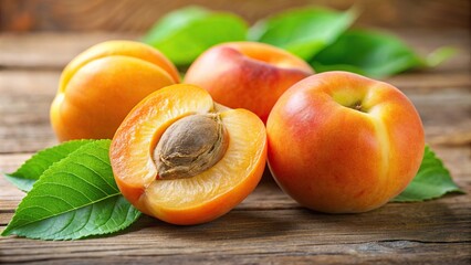 Wall Mural - Juicy half of apricot with pit and two whole apricots with leaves on background, apricot, fruit, juicy, pit, leaves, fresh, healthy, isolated, organic, sweet, ripe, natural, vibrant, food