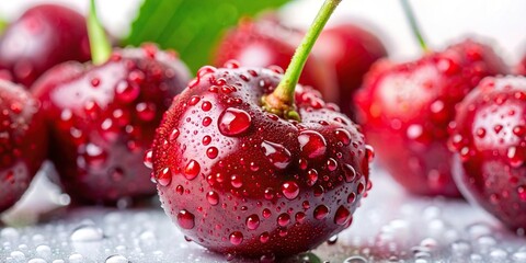 Wall Mural - Close-up of a ripe cherry with vibrant colors and water droplets on a white background, sakura cherry, red, delicious, juicy, fruit, fresh, sweet, ripe, organic, berry, healthy, round, food