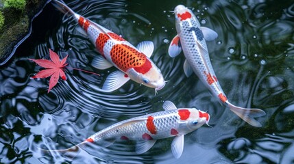 Three koi fish in a pond as clear as crystal. swimming happily The water is so clear that you can see the rocks at the bottom of the pond. Surrounded by maple leaves creating a beautiful scene

