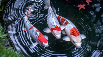 Three koi fish in a pond as clear as crystal. swimming happily The water is so clear that you can see the rocks at the bottom of the pond. Surrounded by maple leaves creating a beautiful scene

