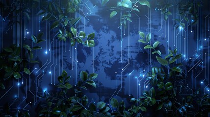 Wall Mural - Abstract background with digital glowing lights and circuit board wall with natural leaves and vines elements on a dark blue background, high quality rendered illustration of an futuristic technology