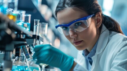 Canvas Print - A woman in lab coat and goggles working on a test tube, AI