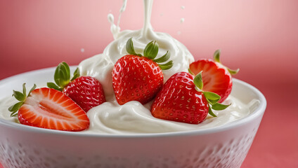 Wall Mural - Delicious yogurt with strawberries in a plate