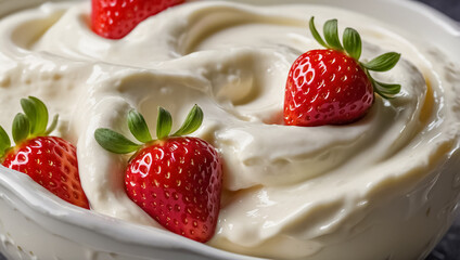 Wall Mural - Delicious yogurt with strawberries in a plate