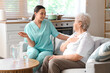 © Pixel-Shot - Physical therapist talking to senior woman on sofa at home