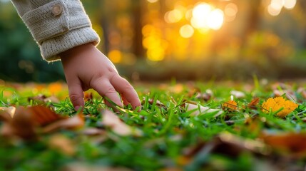 Wall Mural - A child reaching for a leaf on the ground in front of them, AI