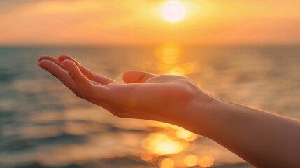 Poster - A person's hand reaching out to the sun over a body of water, AI