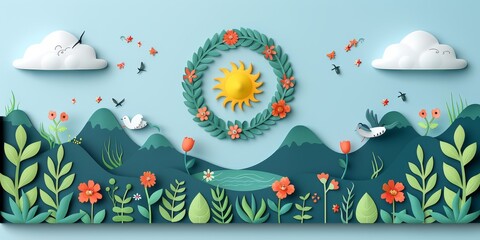 Wall Mural - Beautiful Paper Art Illustration of a Sunny Landscape with Lush Greenery and Vibrant Flowers Under a Bright Blue Sky with Puffy Clouds