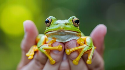 A small green frog sitting on top of a persons hand, AI