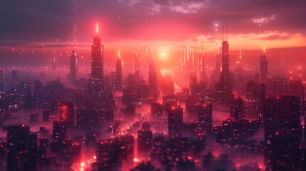 Wall Mural - A futuristic cityscape bathed in vibrant red and orange hues, with towering skyscrapers and a hazy atmosphere.