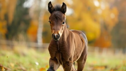 Wall Mural - A small brown horse running through a field with trees in the background, AI