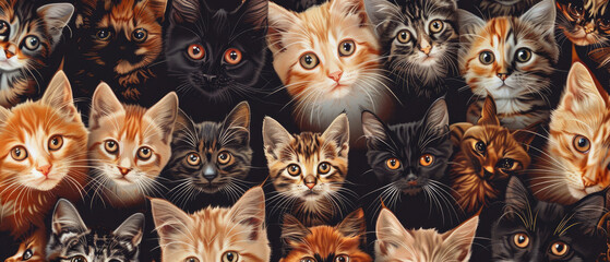 Wall Mural - cute various kitten cat pattern face looking front on wide background