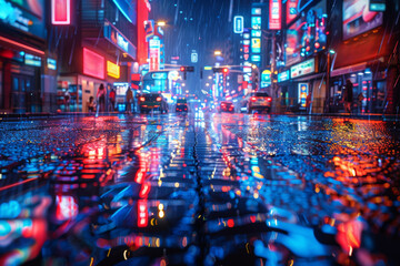 Wall Mural - A street scene with reflections of neon lights in the wet pavement. Concept of urban life and rainy night ambiance. Generative Ai.