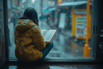 Sticker - A person reading a book by a window as rain pours outside. Concept of solitude and literary escape on a rainy day. Generative Ai.