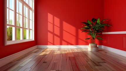 Wall Mural - A room with red walls and a potted plant in the corner, AI