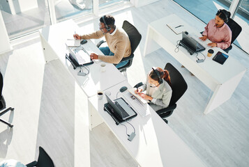 Poster - Call center, group and team at telemarketing help desk with laptop for customer service, IT support or coworking agency from above. Sales people, online consulting and questions for telecom advisory