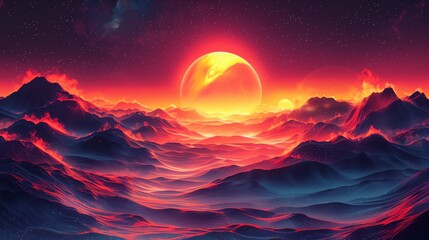 Wall Mural - A digital art piece depicting a vibrant sunset over a mountain range, evoking a retro aesthetic with bold colors.