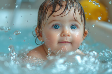 Canvas Print - A baby splashing with delight during bath time. Concept of sensory stimulation and water play. Generative Ai.