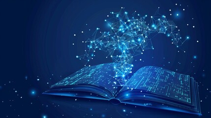 Artificial intelligence creating an ebook with polygonal design of interconnected lines and points on a blue background