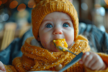 Sticker - A baby eagerly tasting their first spoonful of solid food. Concept of introducing solids and mealtime milestones. Generative Ai.