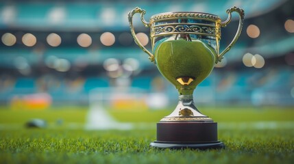 World championship winner cup trophy at sports stadium.