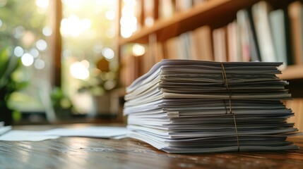 A neat stack of paperwork sits on a table in a bright library setting, suggesting research or study