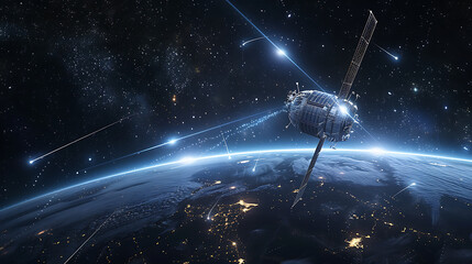 a satellite in orbit around earth, connected by beams of light to various points on the planet’s sur