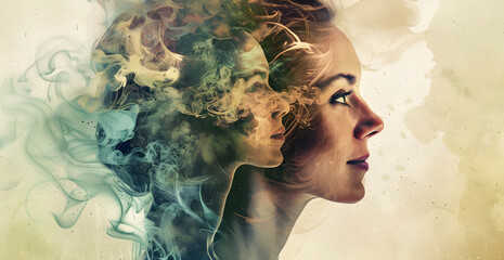 Wall Mural - A woman's face is shown in a blurry, distorted way, with smoke