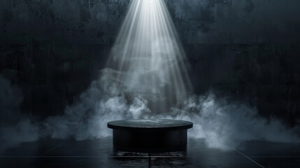Wall Mural - a spotlight shines down on a dark, smoky stage. podium black dark smoke background product platform 