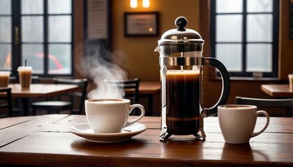 Wall Mural - A polished, stainless steel French press and a simple white mug containing a freshly brewed filter coffee rest on a wooden table in a charming, artisanal coffee shop
