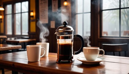 Wall Mural - A polished, stainless steel French press and a simple white mug containing a freshly brewed filter coffee rest on a wooden table in a charming, artisanal coffee shop
