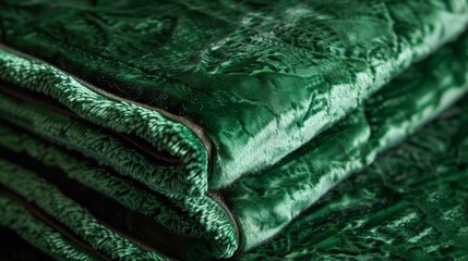 Wall Mural - A detailed shot of emerald green velvet trim featuring a rich velvety pile