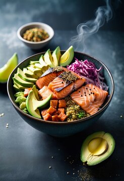 Appetizing salmon poke bowl with marinated salmon pieces, crunchy cabbage, avocado slices, and a sprinkle of furikake seasoning
