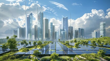 Wall Mural - Panorama of a futuristic city with sustainable architecture and solar panels, realistic, digital art, 