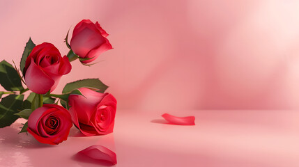 Wall Mural - Valentine's Day design concept background with pink and red rose flower on pink table background, Valentines, Spring or Mothers day, generative ai
