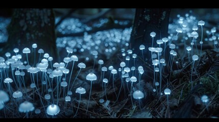 A network of tiny white mushrooms their caps emitting a soft blue light that illuminates the dark forest floor