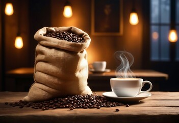 Wall Mural - a sack of coffee beans with no writing on the old wooden table and a cup of coffee next to it, bokeh lights background, ad shot
