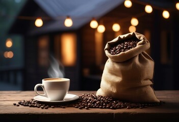 Wall Mural - a sack of coffee beans with no writing on the old wooden table and a cup of coffee next to it, bokeh lights background, ad shot
