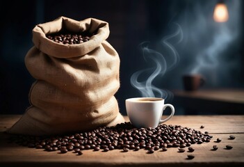 Wall Mural - a sack of coffee beans with no writing on the old wooden table and a cup of coffee next to it, bokeh lights background, ad shot
