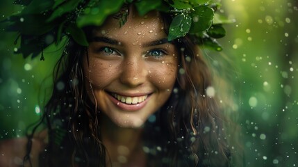 Canvas Print - portrait of a smiling woman in the forest dressed like a forest fairy in the rain