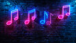 © DigitaArt.Creative - a captivating arrangement of neon lights shaped like musical notes against a dark brick wall backdrop
