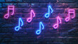 © DigitaArt.Creative - a captivating arrangement of neon lights shaped like musical notes against a dark brick wall backdrop