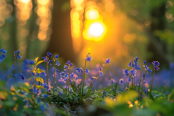 Wall Mural - Beautiful majestic Spring bluebells forest sunrise in English countryside Hyacinthoide Non-Scripta