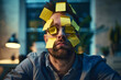 © Alexey - Man works 24\7. Working at night. Office manager with paper notes on his face. Workaholics Day and deadline concept.
