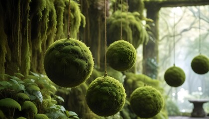 Moss-covered hanging spheres in a lush, green environment