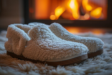 Sticker - A pair of fuzzy slippers next to a fireplace, epitomizing homey comfort. Concept of warmth and relaxation. Generative Ai.